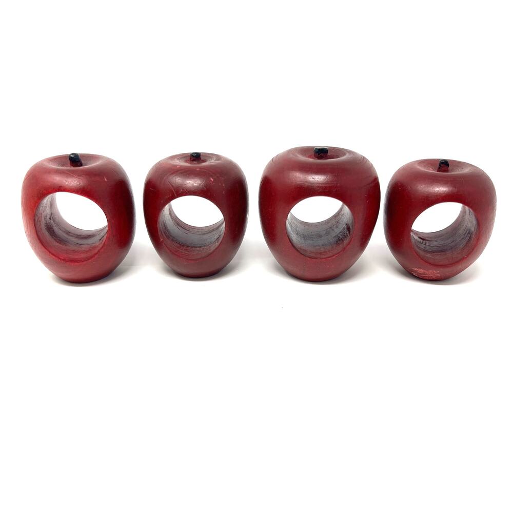 Vintage Red Wood Apple Napkin Rings Set 4 Handmade Farmhouse Primitive Cottage